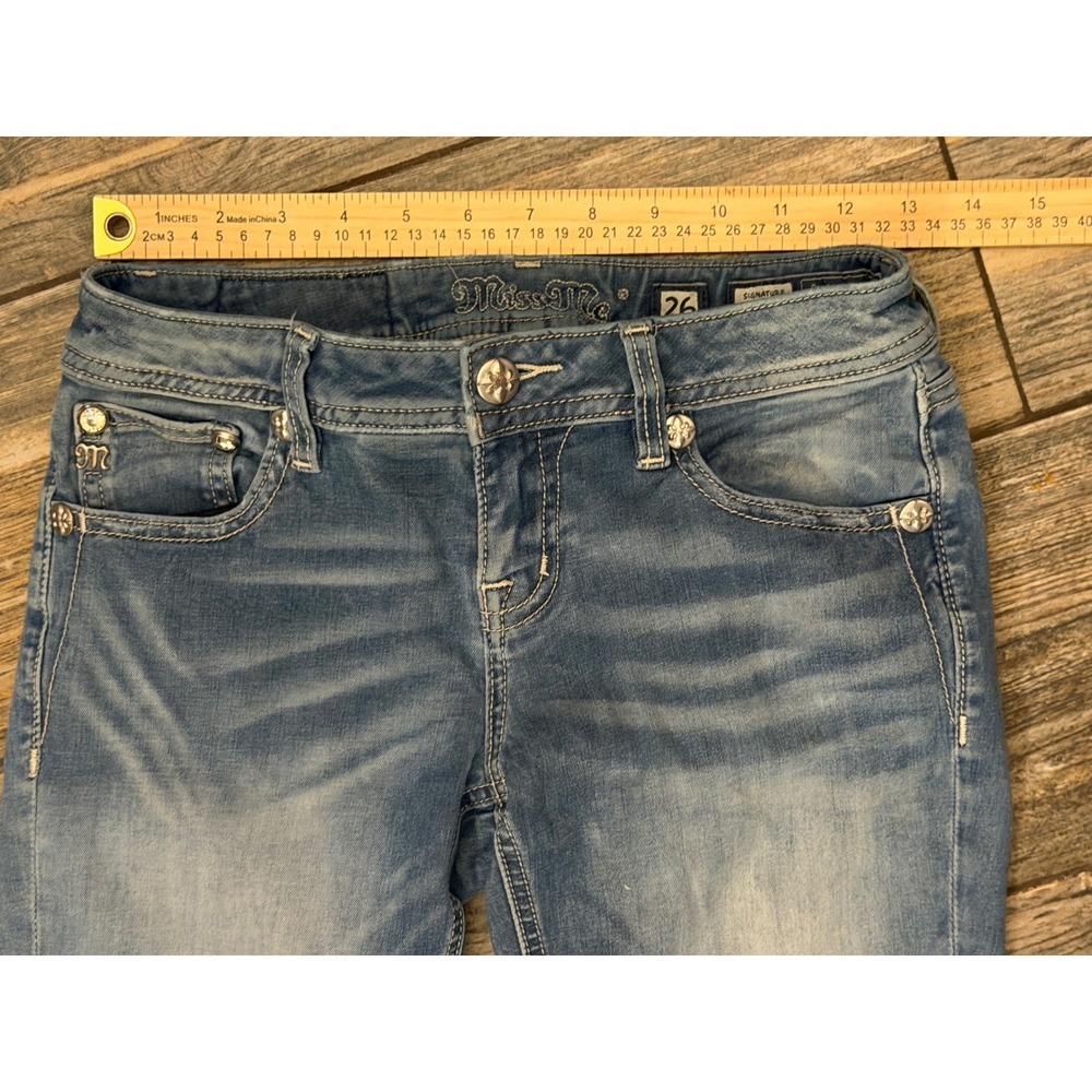 Miss Me Signature Bootcut Jeans Medium Wash Bling Flap Size 26x28 Short Y2K - Picture 6 of 12